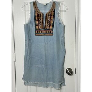 Paper Crane‎ Women's Distressed Sleeveless Chambray Dress Embroidered Small Boho